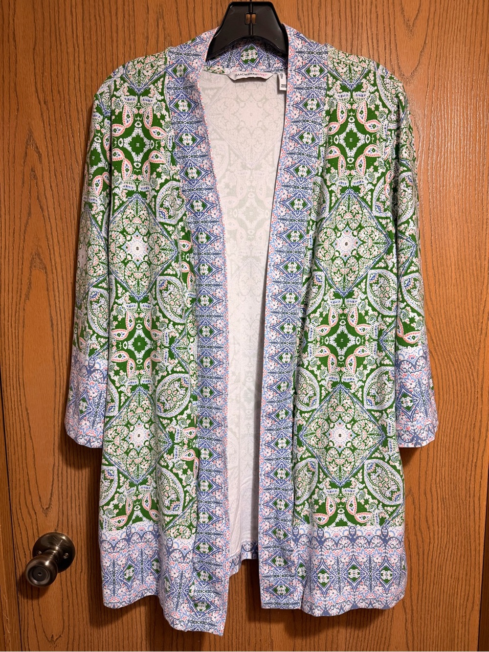 EUC Isaac Mizrahi Live Kimono Cardigan in Green & Blue with Open Front